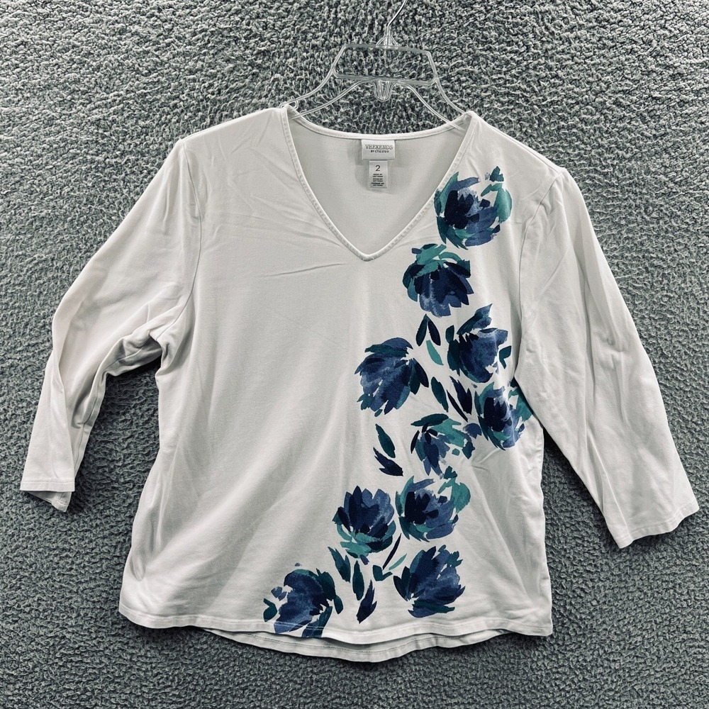 Chicos Women Floral Minimalist Knit Top L Coastal Stretch V Neck Pullover Casual